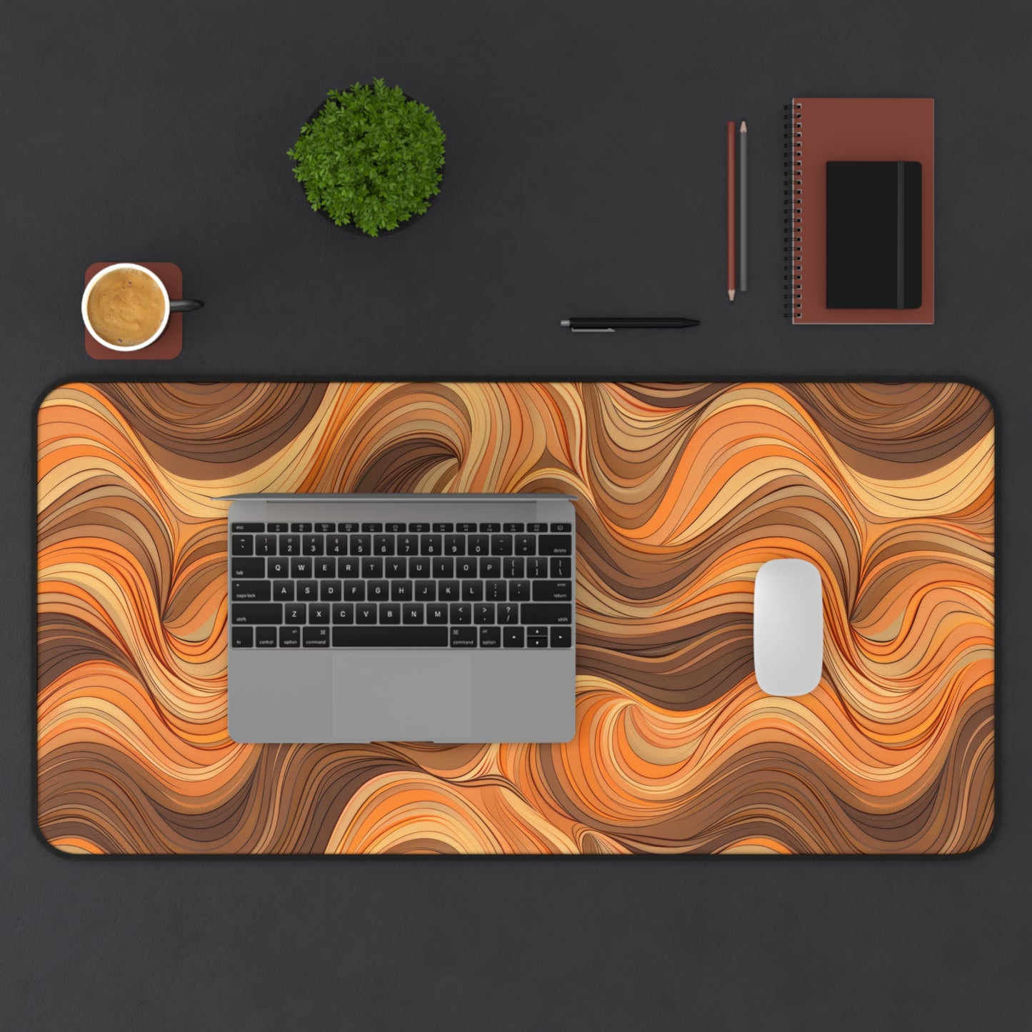 Stylish Orange and Brown Wavy Lines Desk Mat, Office Decor, Work From Home Essentials, Gift for Students, Modern Home Office Accents