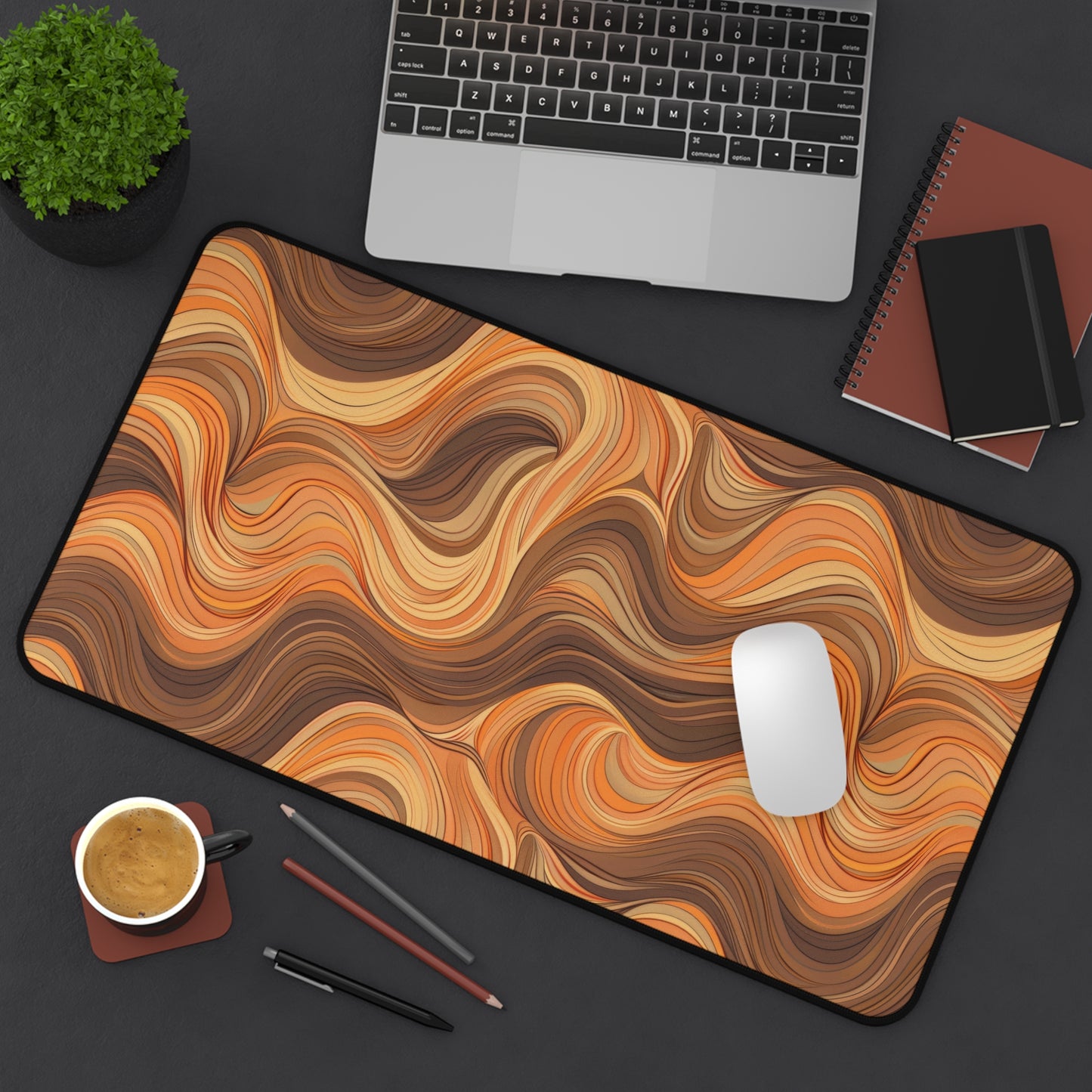 Stylish Orange and Brown Wavy Lines Desk Mat, Office Decor, Work From Home Essentials, Gift for Students, Modern Home Office Accents
