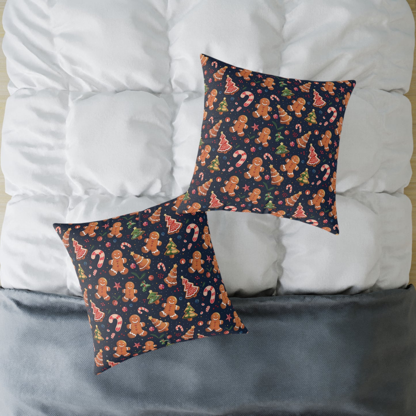 Christmas Gingerbread Square Poly Canvas Pillow - Holiday Decor Throw Pillow - Festive Christmas Cushion for Sofa or Bed