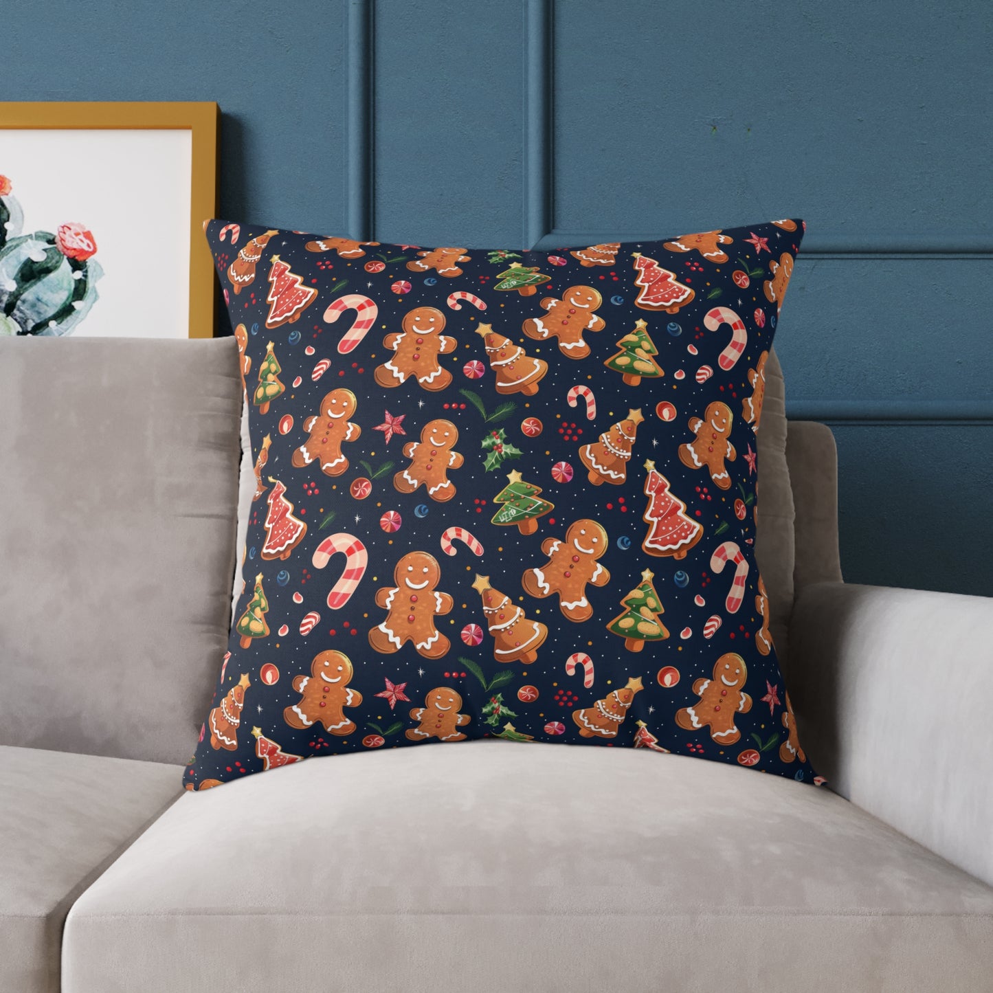 Christmas Gingerbread Square Poly Canvas Pillow - Holiday Decor Throw Pillow - Festive Christmas Cushion for Sofa or Bed
