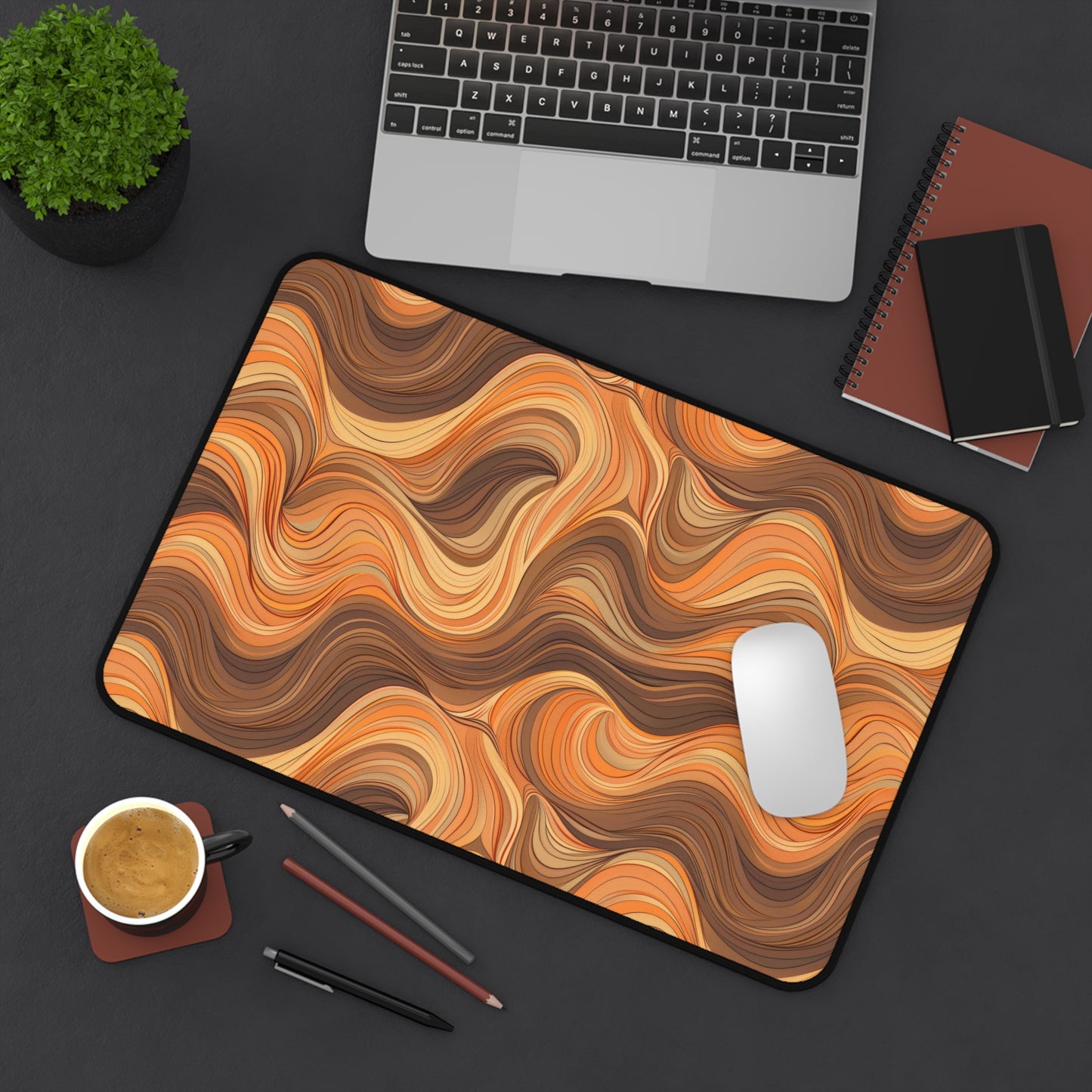 Stylish Orange and Brown Wavy Lines Desk Mat, Office Decor, Work From Home Essentials, Gift for Students, Modern Home Office Accents