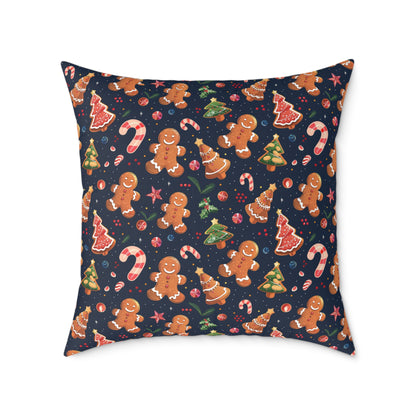 Christmas Gingerbread Square Poly Canvas Pillow - Holiday Decor Throw Pillow - Festive Christmas Cushion for Sofa or Bed