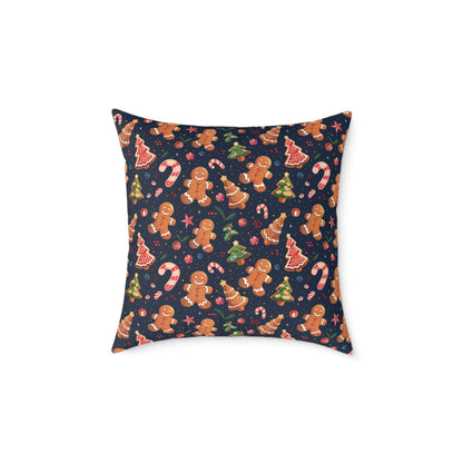 Christmas Gingerbread Square Poly Canvas Pillow - Holiday Decor Throw Pillow - Festive Christmas Cushion for Sofa or Bed