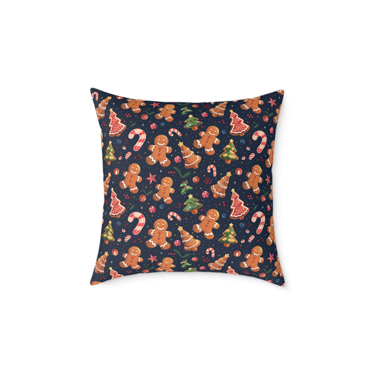 Christmas Gingerbread Square Poly Canvas Pillow - Holiday Decor Throw Pillow - Festive Christmas Cushion for Sofa or Bed