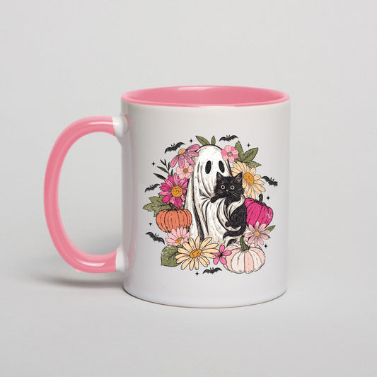 Spooky Floral Mug: Ghost & Cat Design, Halloween Decor, Vibrant colors